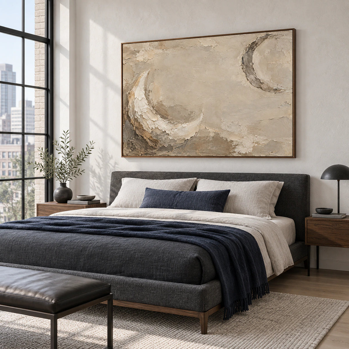 Umber-Arc above a low bed in a quiet, bright bedroom.
