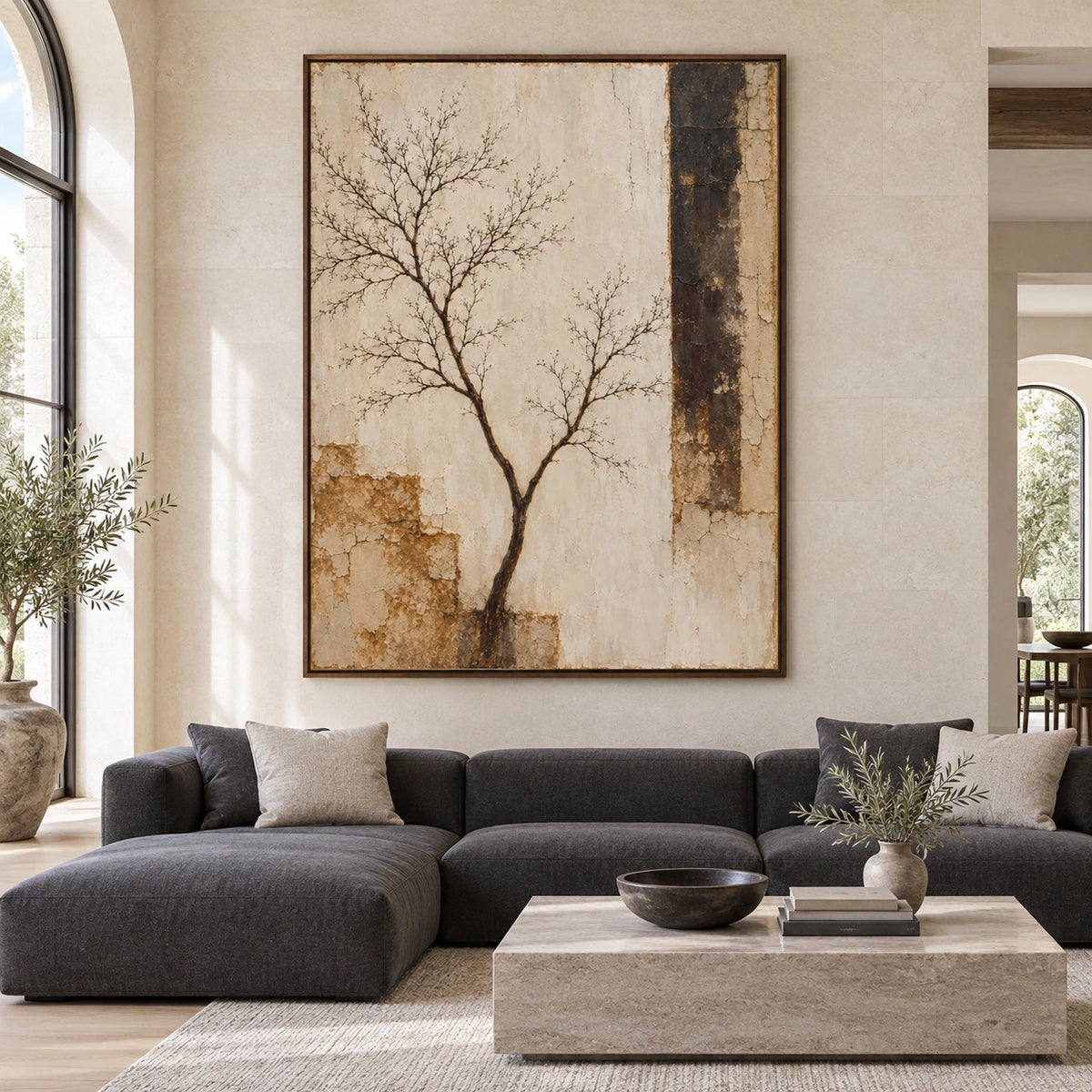 Large straight-on gallery interior featuring Umber-Branch as a monumental vertical focal point.