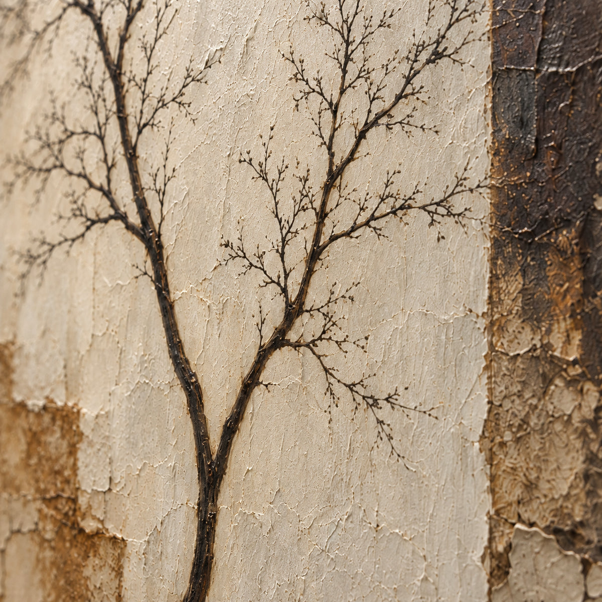 Umber-Branch oil painting brushwork and impasto detail photographed from an oblique side angle