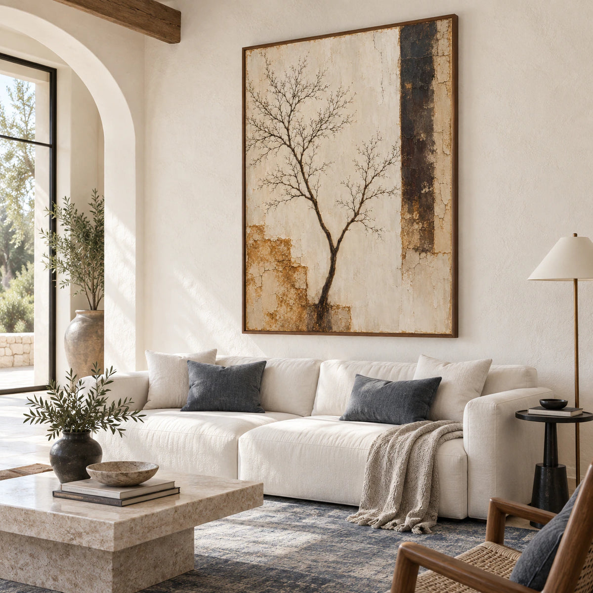 Bright living room with Umber-Branch displayed prominently above a low seating arrangement.