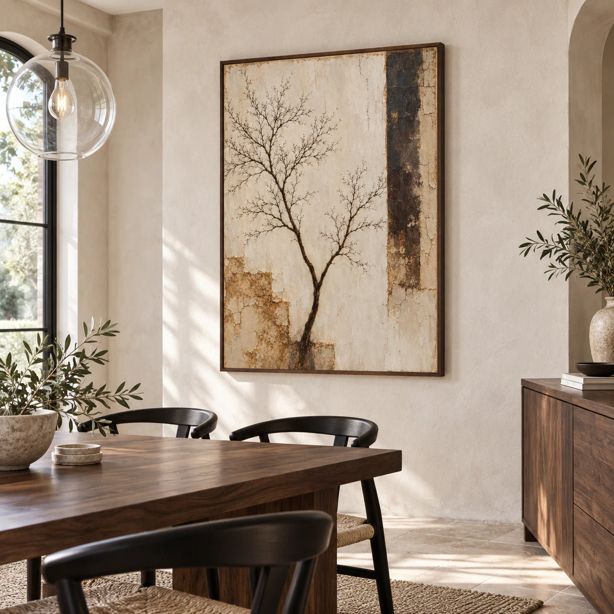 Refined dining room with Umber-Branch as the central vertical artwork.