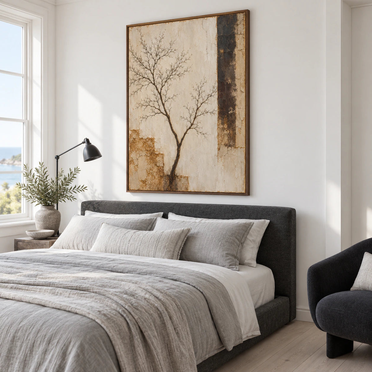 Quiet bedroom featuring Umber-Branch at a generous scale above a minimal bed.