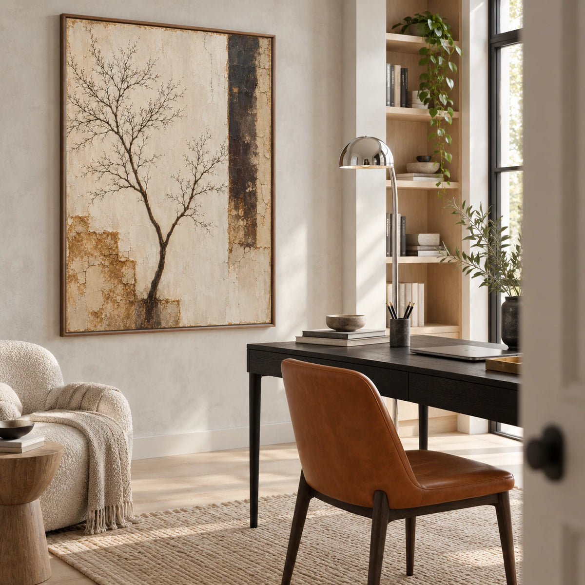 Airy reading office with Umber-Branch as the main wall focal point.