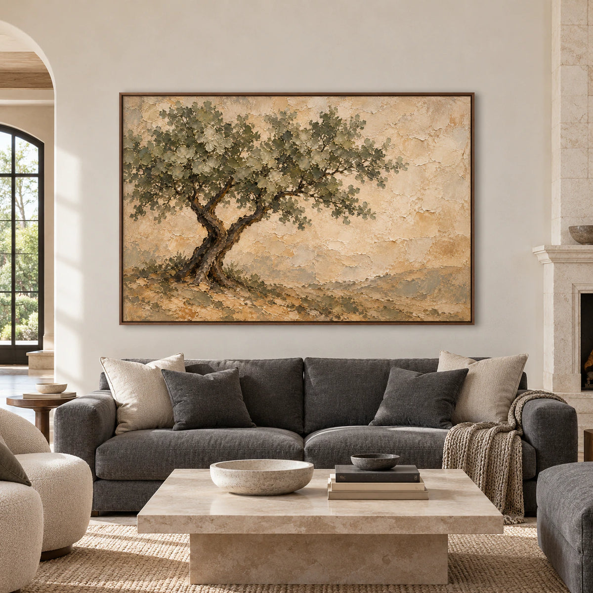 Large horizontal tree painting viewed straight-on on a broad wall in a bright living room with charcoal and pale stone furnishings.