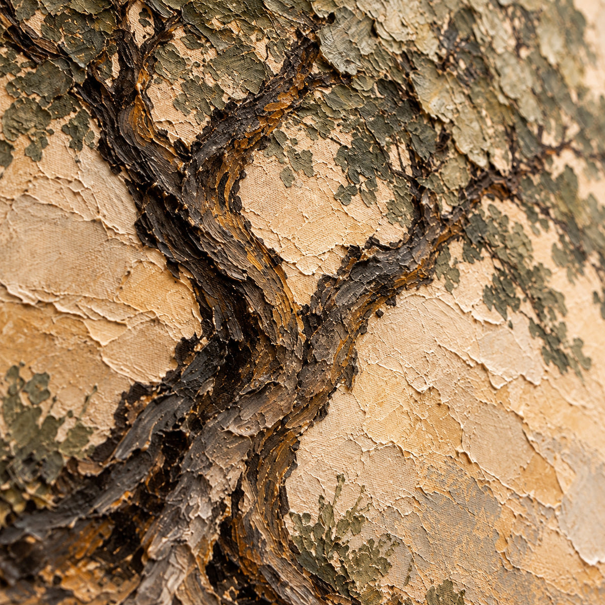Oblique close-up of the tree oil painting, with grazing light revealing raised paint, irregular ridges and subtle shadows.