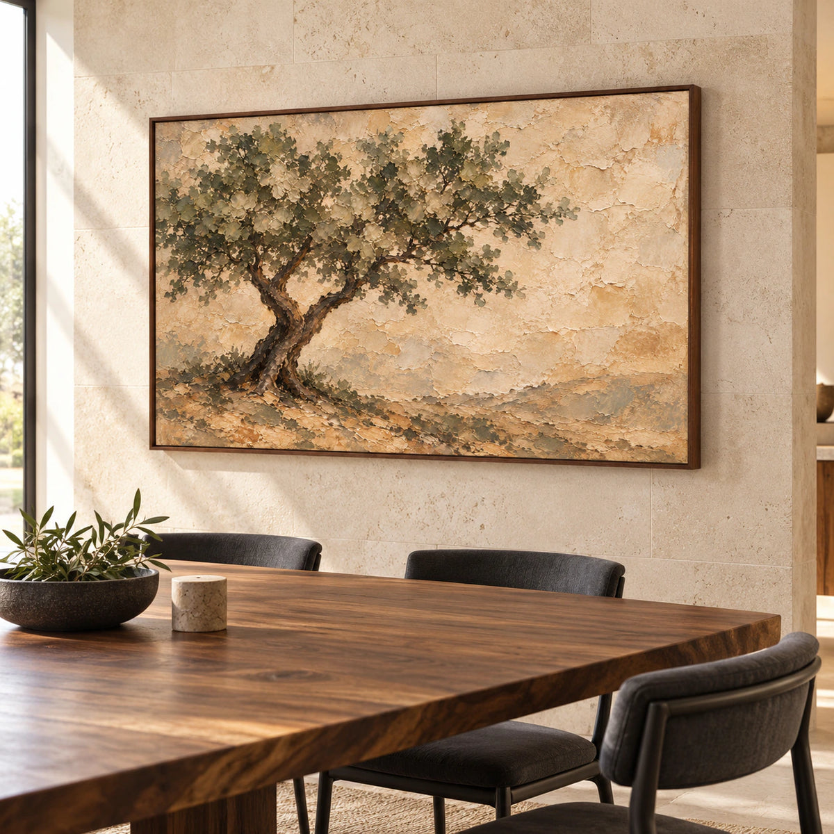 Horizontal tree painting on a light limestone wall, viewed from the right above a dark walnut dining table with slender black chairs.