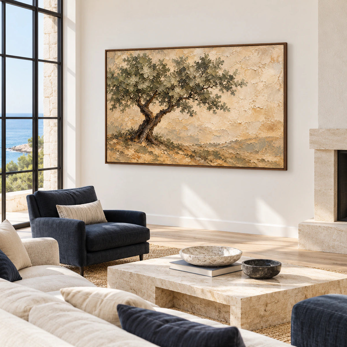Large horizontal tree painting on a light wall in a bright coastal living room with stone details and understated seating.