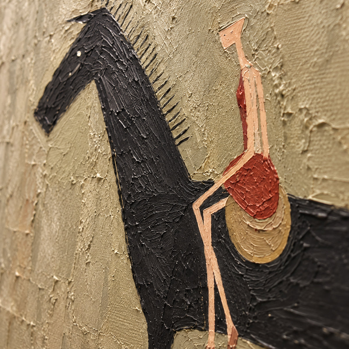 Umber-Canter oil painting brushwork and impasto detail photographed from an oblique side angle