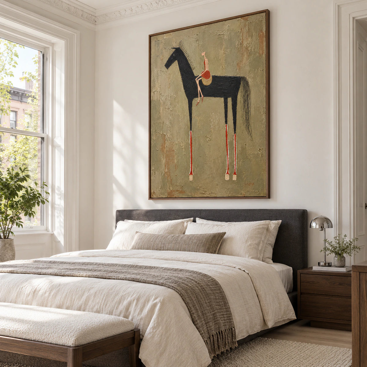 Umber-Canter bringing a quiet graphic presence to a softly lit bedroom.
