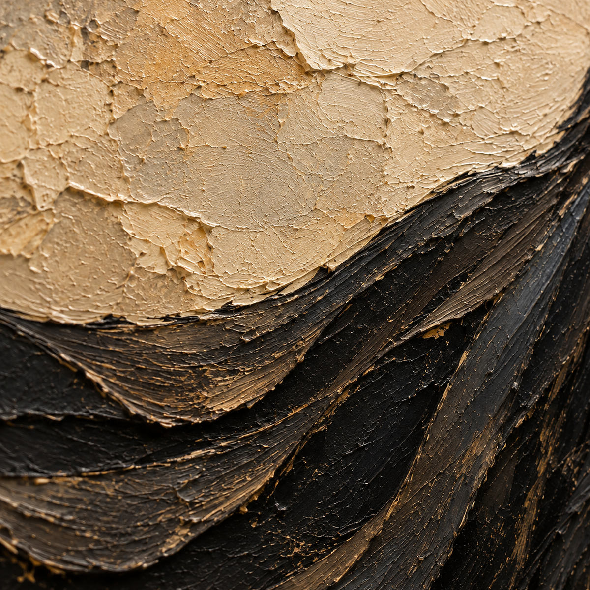 Oblique close-up of the oil painting’s raised paint, irregular surface texture and tonal transitions under grazing directional light.