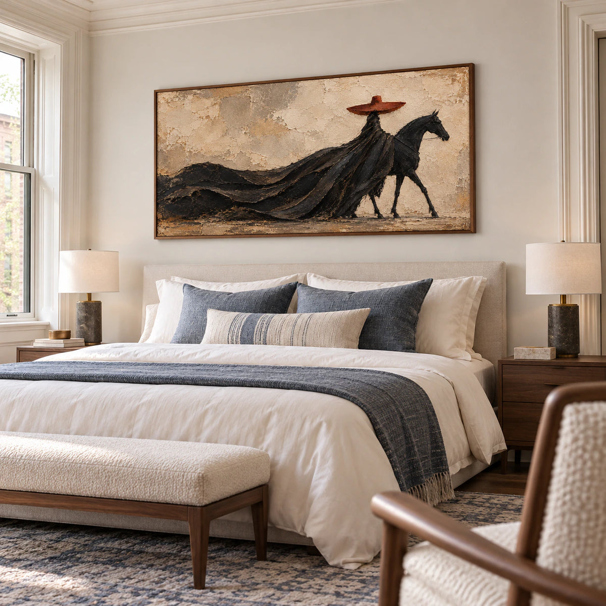 Horse and rider painting above a bed with ivory bedding and blue-gray accents, viewed nearly straight-on from the foot in soft morning light.