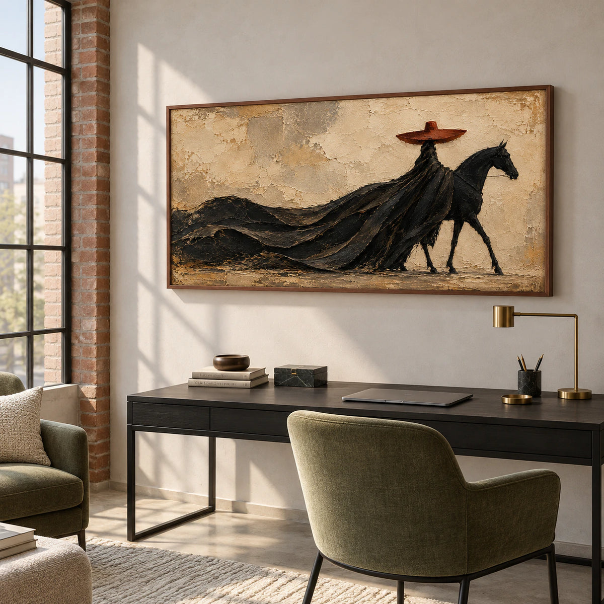 Horse and rider painting above a black desk with a muted green chair in an airy office with pale gray walls and tall windows, viewed from the left.
