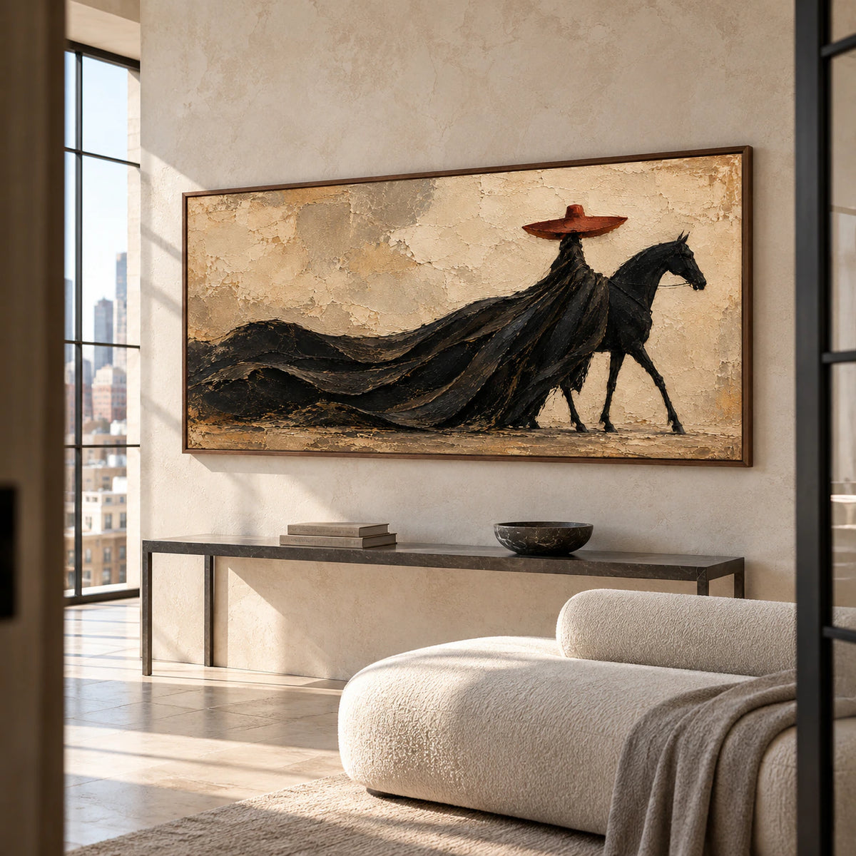 Large horse and rider painting on a light limestone wall in a bright, spacious foyer with a slim console and sculptural seating, viewed from the right.