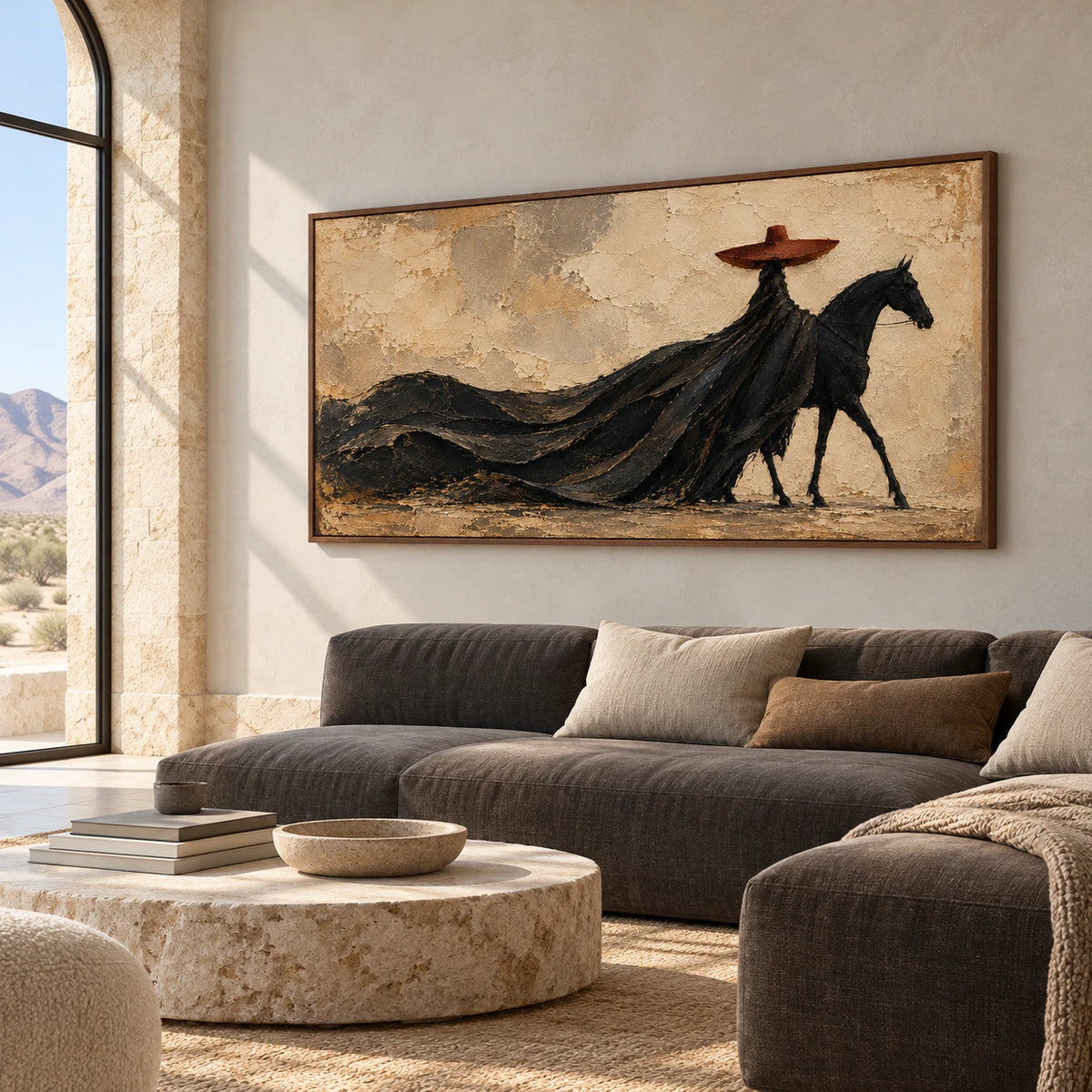 Horse and rider painting on a pale gray wall in a daylight-filled hospitality loft with tall windows, blue-gray seating and dark timber details, viewed from the left.