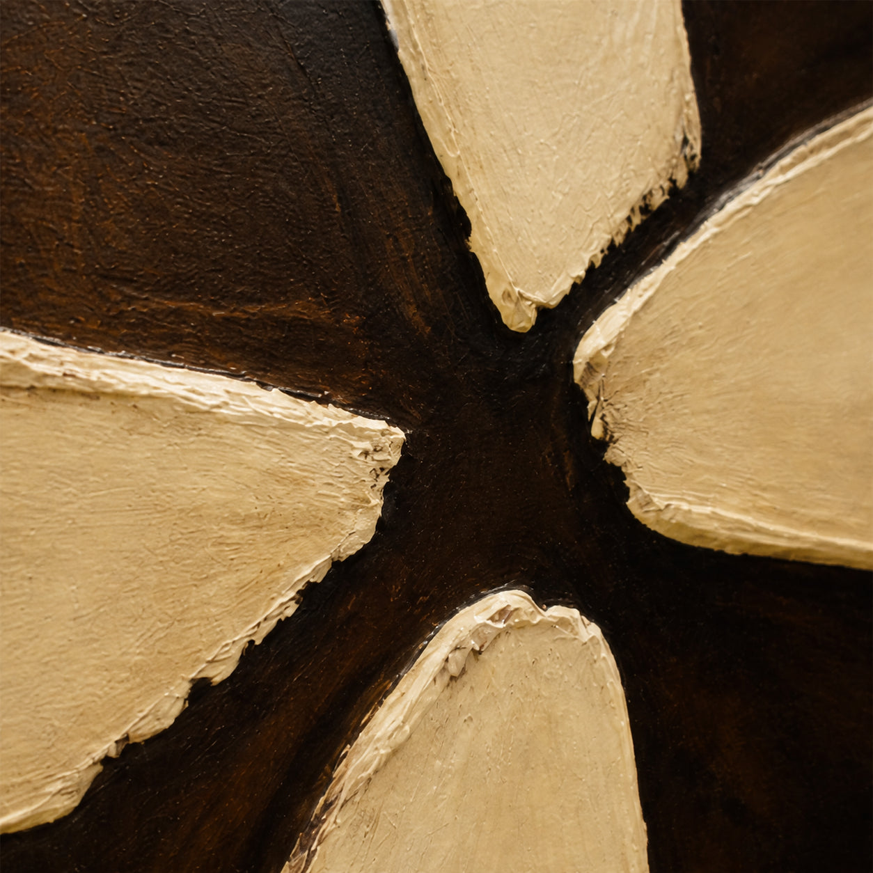 Umber-Compass oil painting brushwork and impasto detail photographed from an oblique side angle