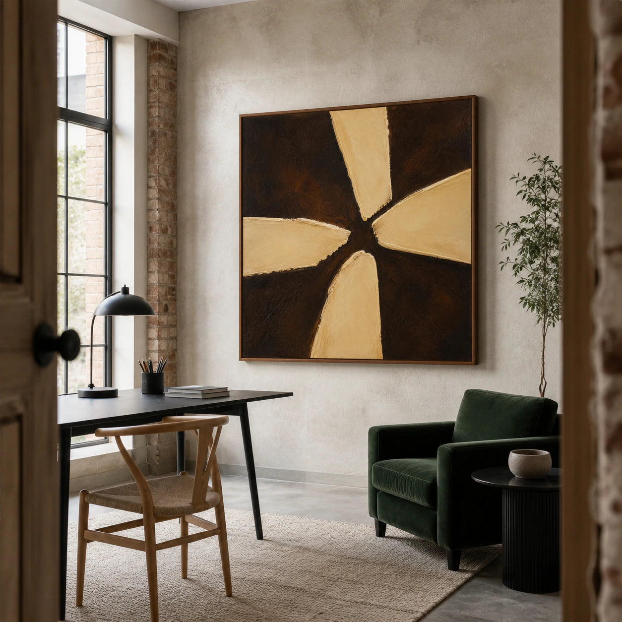 Square impasto abstract painting in an airy home office reading space.