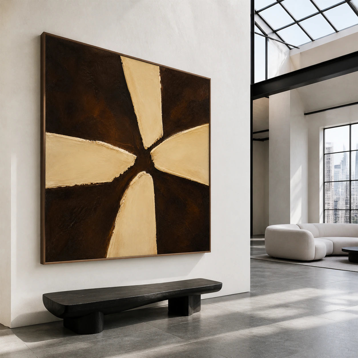 Large square ochre and umber abstract painting in a gallery-scale foyer.
