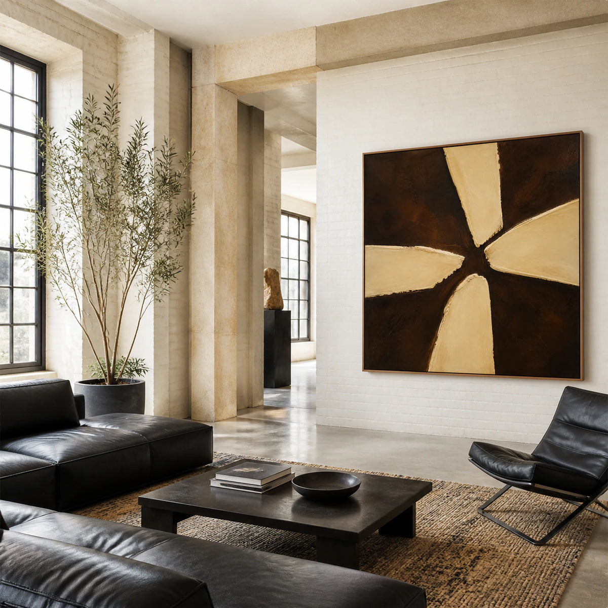 Large textured square abstract painting in an expansive daylight loft interior.