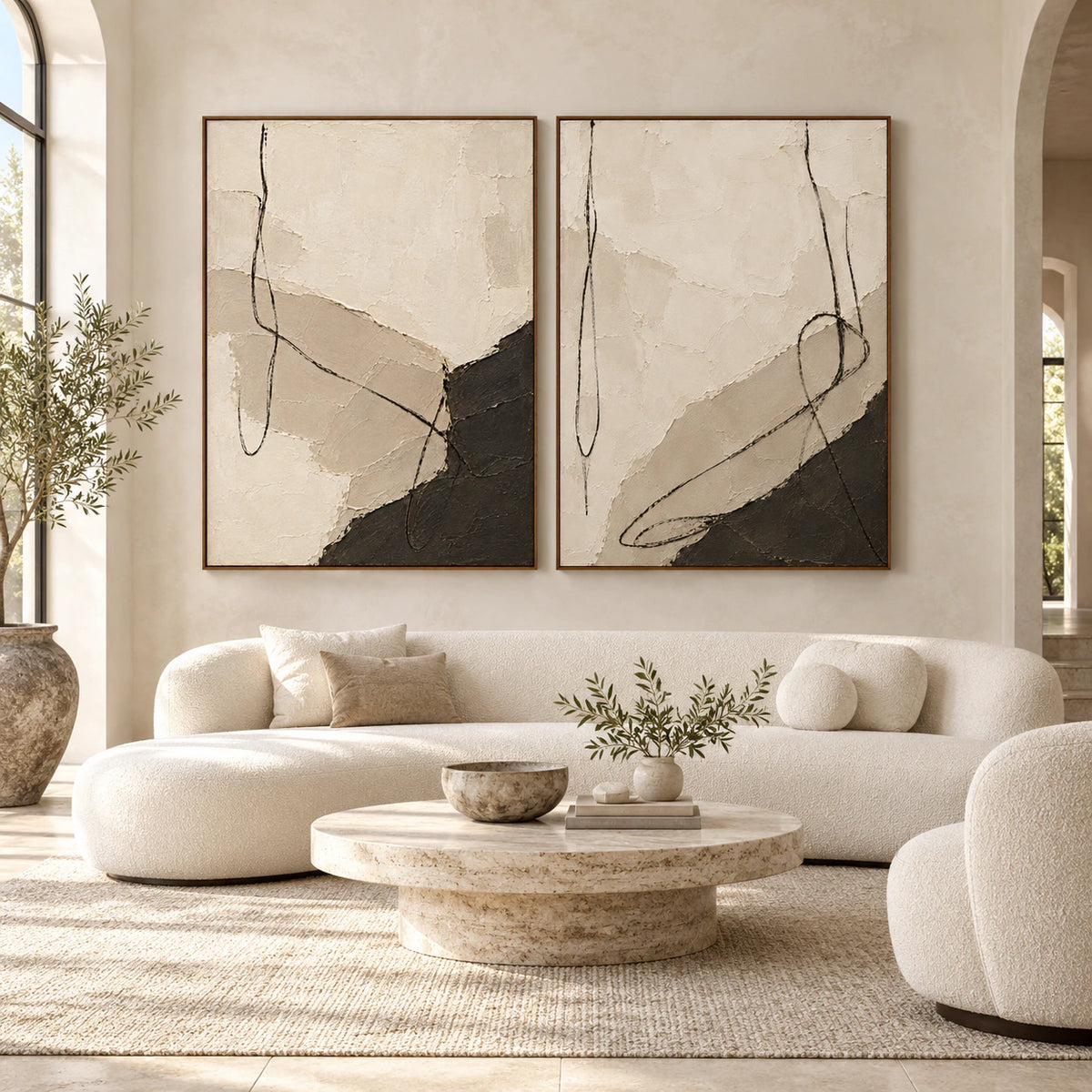 Large Umber-Contour diptych in slim walnut frames, shown straight-on in an open architectural room.