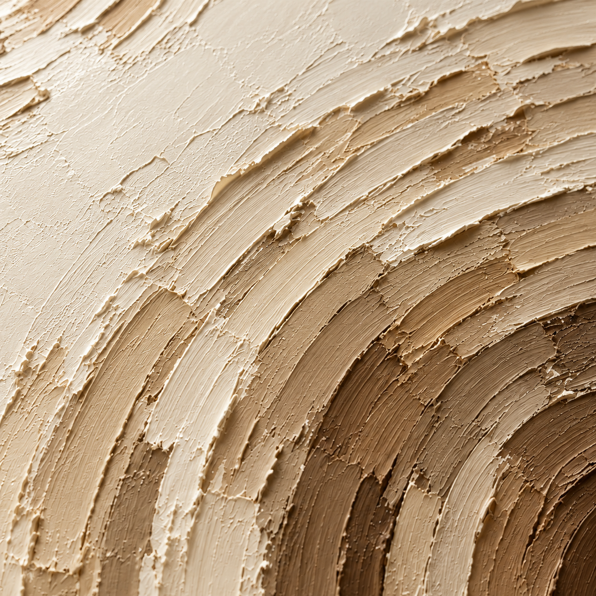 Close detail of Umber-Crescendo showing ivory and warm umber paint, curved strokes and raised impasto ridges.