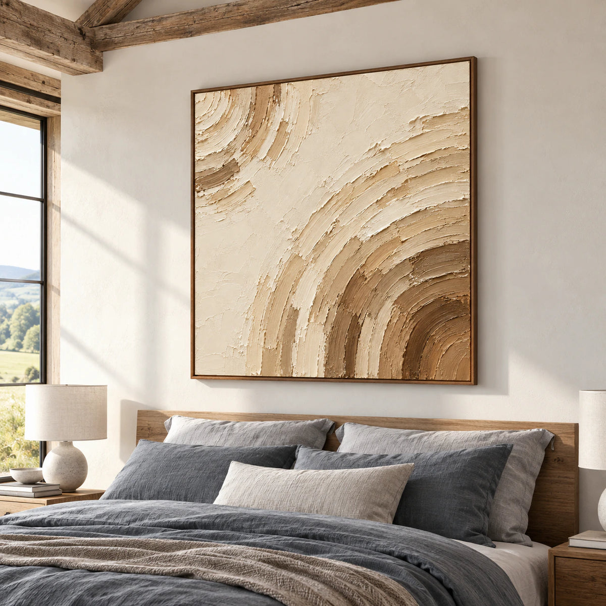 Square ivory and umber abstract painting above a bed with muted slate linens in an airy bedroom, viewed from a low left angle near the foot of the bed.