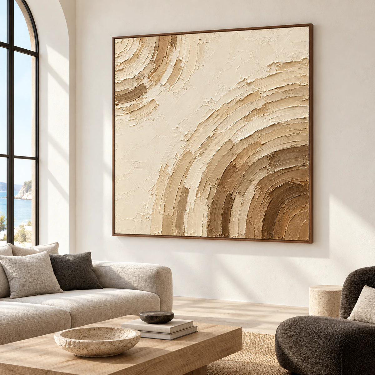 Large square ivory and umber abstract painting on a pale wall in a high-ceilinged loft hospitality lounge with graphite seating, viewed from the right at a distance.