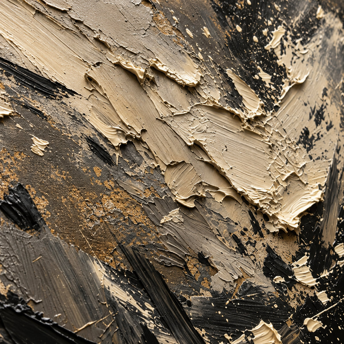 Umber-Current oil painting brushwork and impasto detail photographed from an oblique side angle