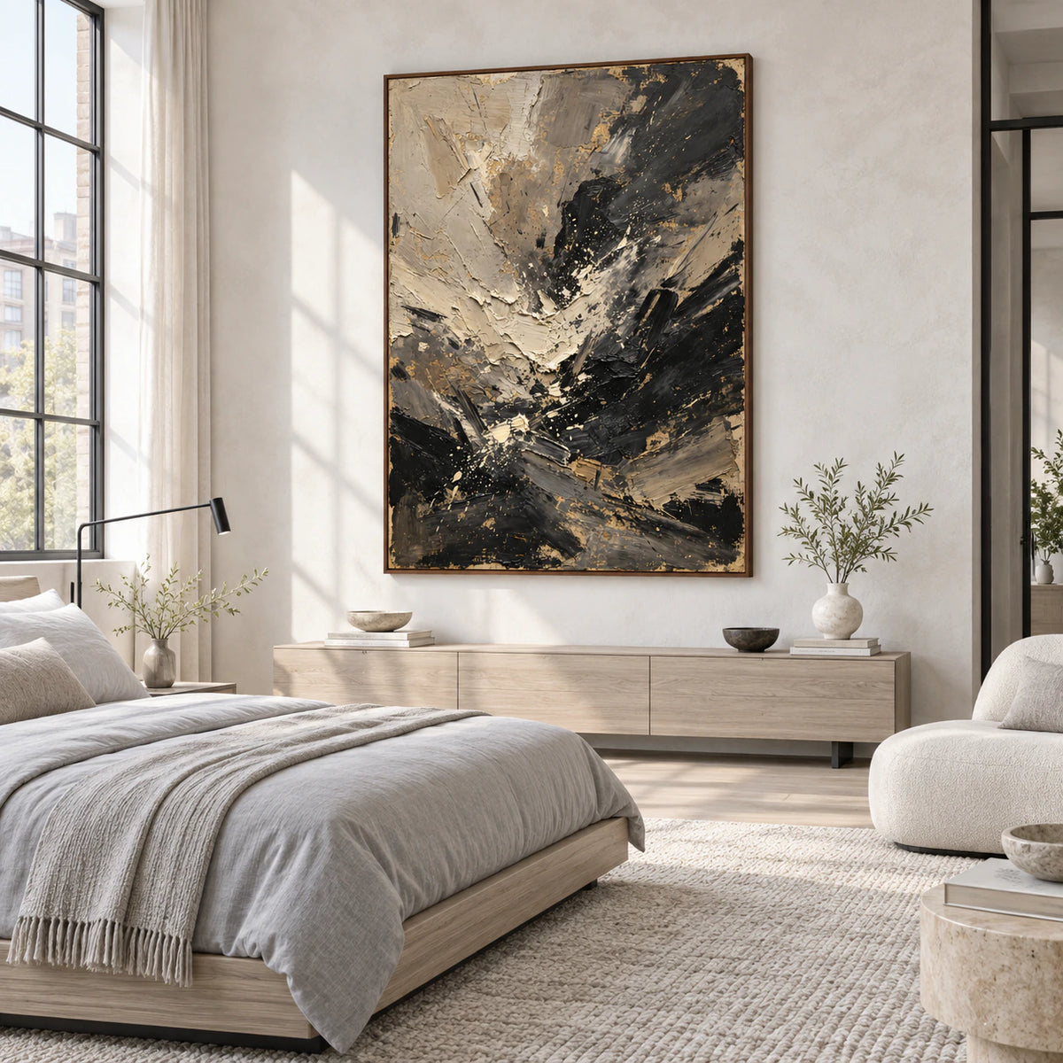 Umber-Current bringing tactile contrast to a quiet bedroom.