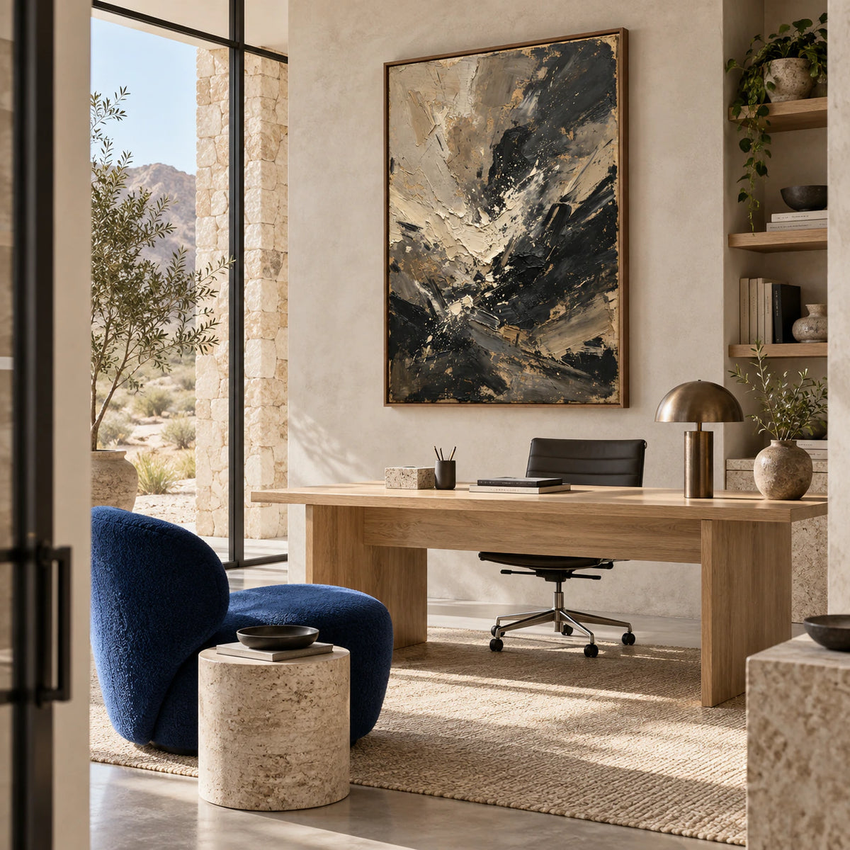 Umber-Current featured in an airy home office reading space.