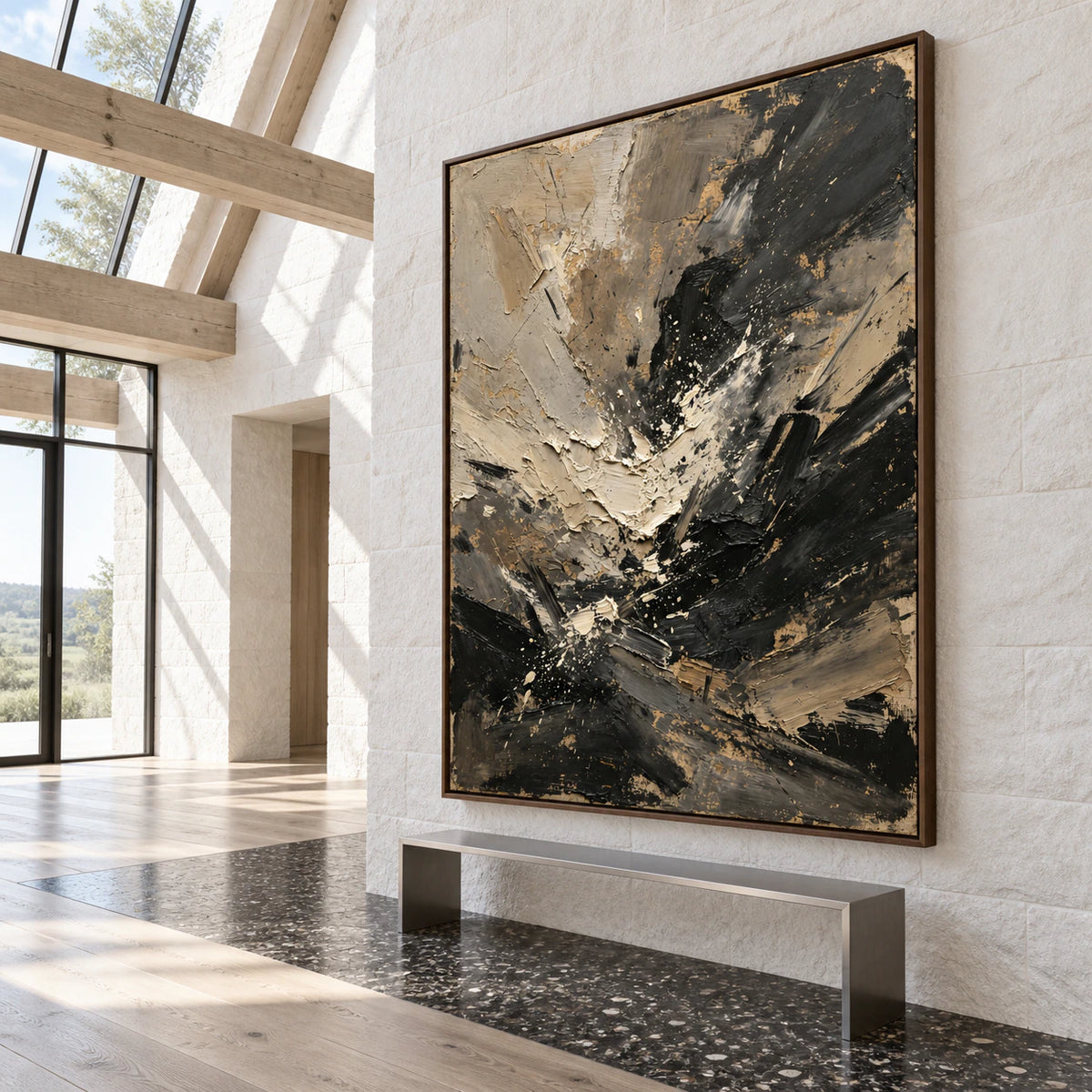 Umber-Current installed at gallery scale in a bright foyer.