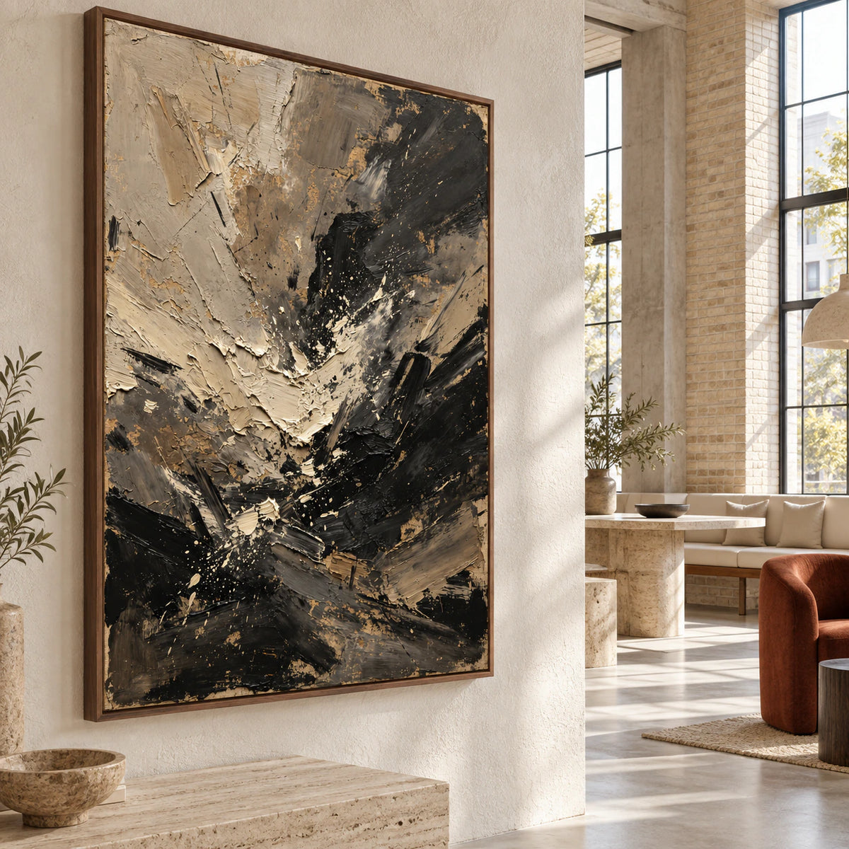 Umber-Current anchoring an expansive loft hospitality interior.