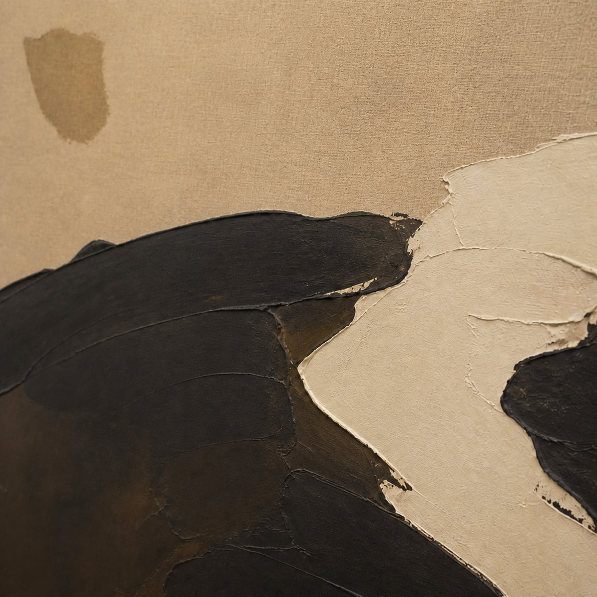Umber-Drift oil painting brushwork and impasto detail photographed from an oblique side angle