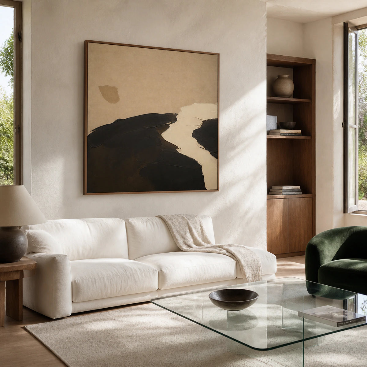 Umber-Drift as the focal artwork in a bright contemporary living room.