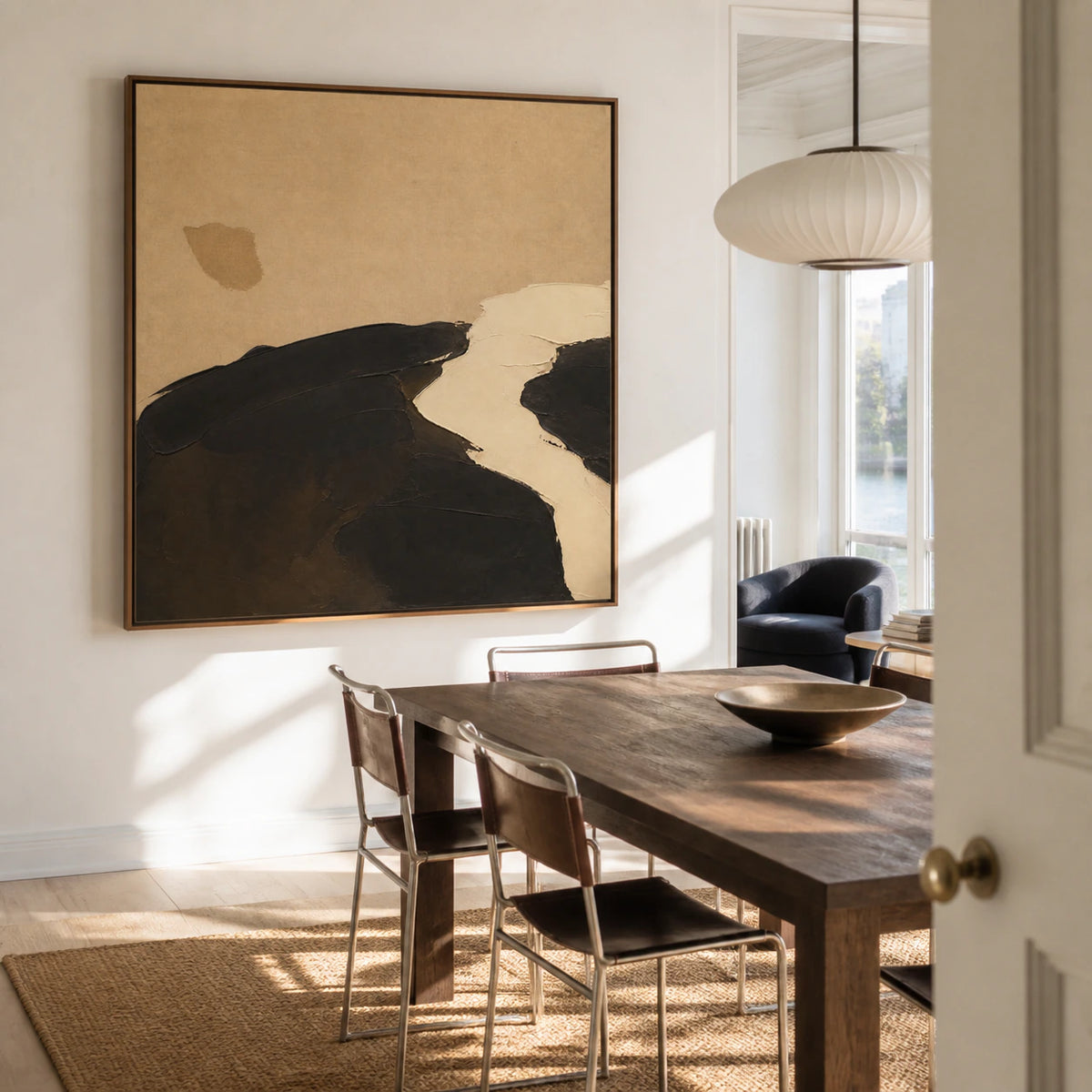 Umber-Drift above a refined dining setting with daylight and sculptural furnishings.