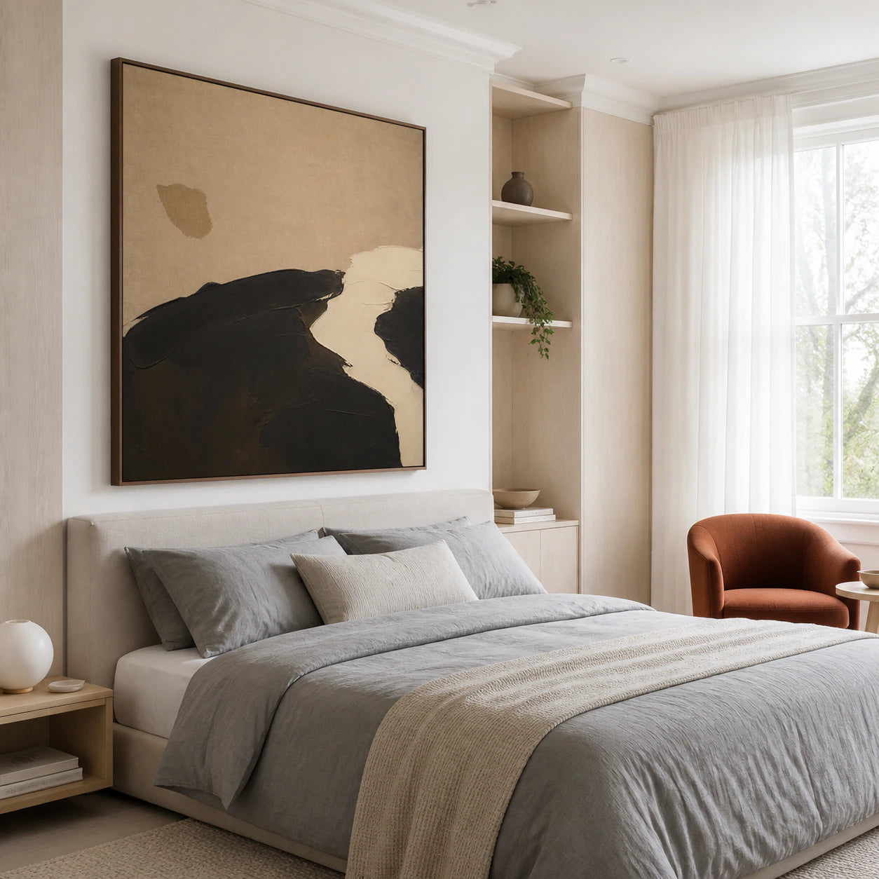 Umber-Drift bringing quiet contrast to a softly lit bedroom.