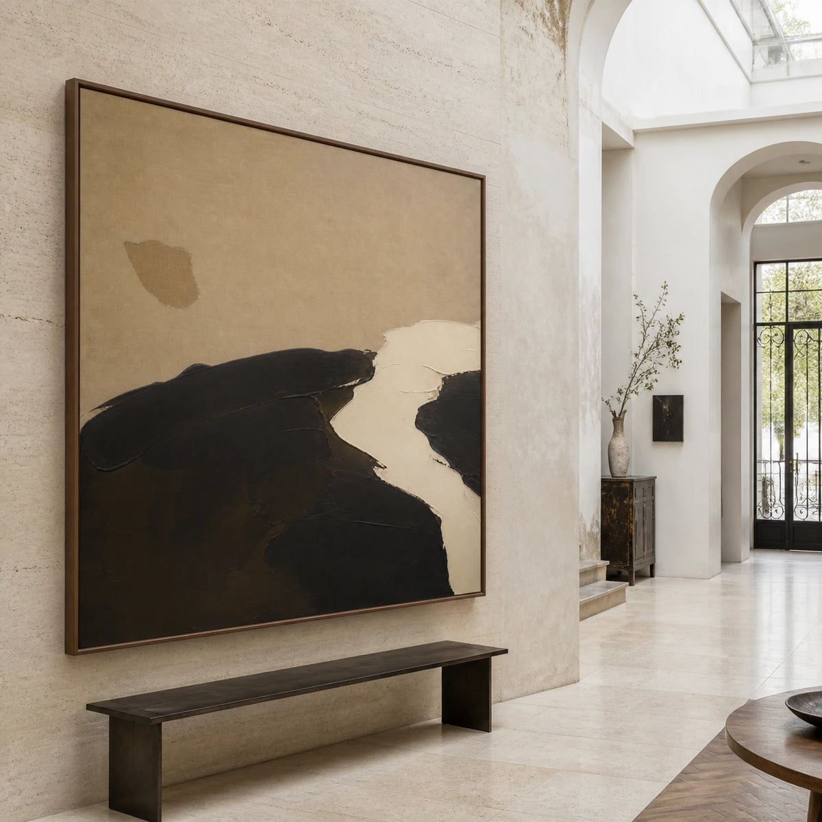Umber-Drift installed at gallery scale in a luminous foyer.