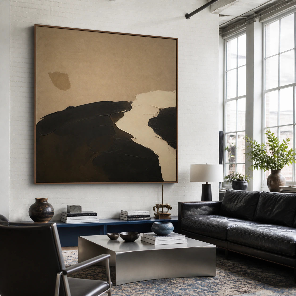 Umber-Drift as the central artwork in an expansive loft hospitality interior.