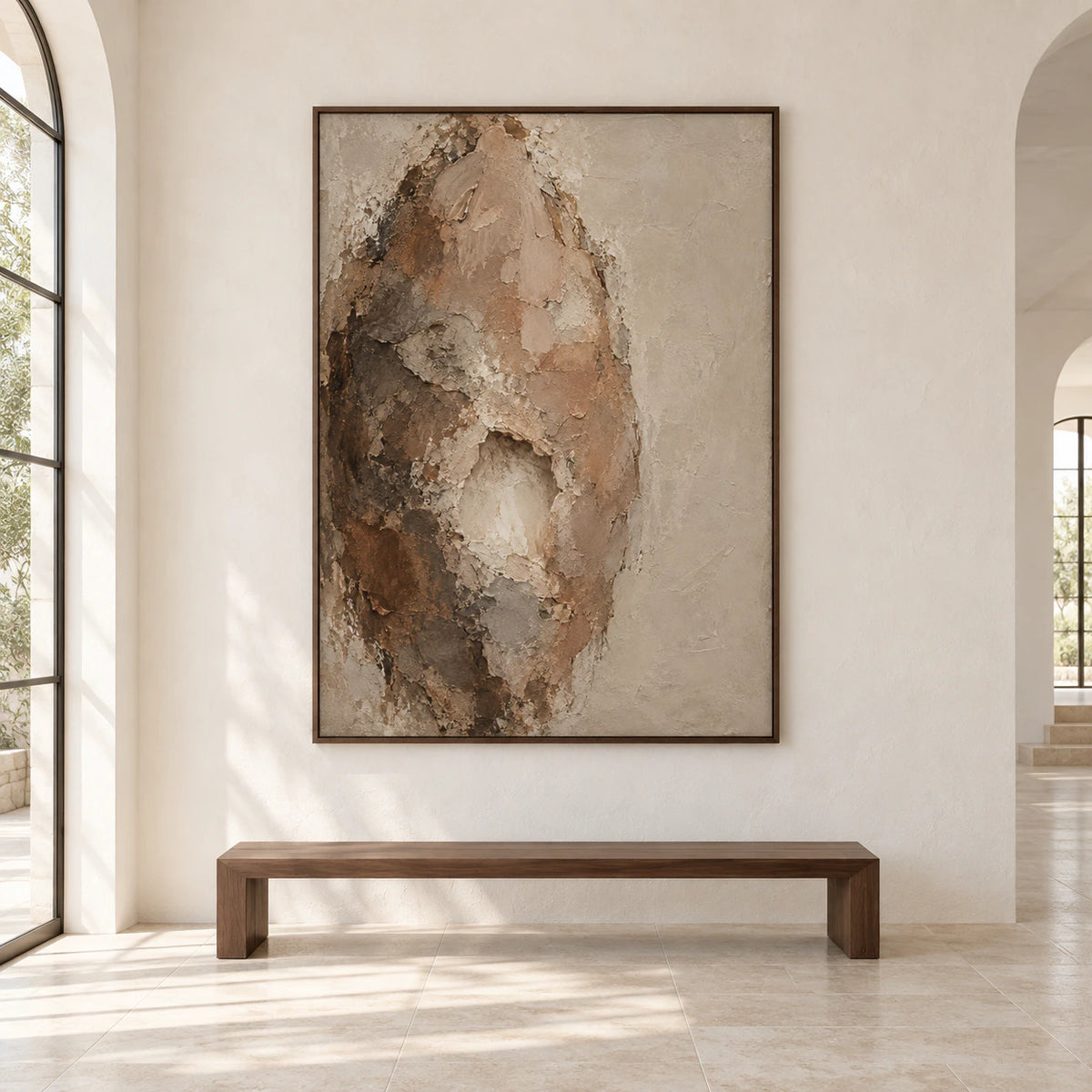 Large straight-on gallery interior with the vertical textured abstract painting as the focal point.