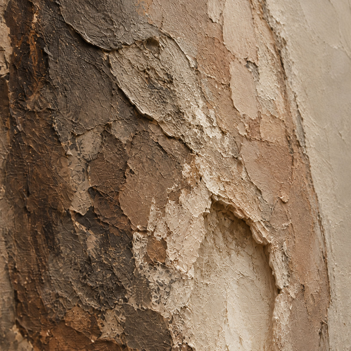 Umber-Excavation oil painting brushwork and impasto detail photographed from an oblique side angle