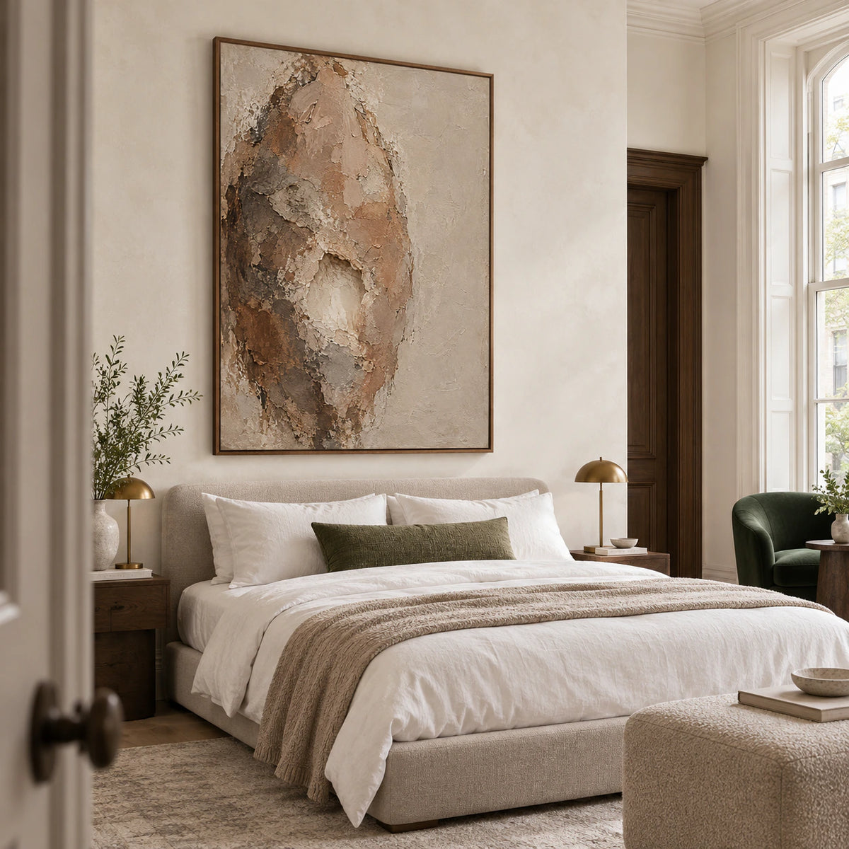 Quiet bedroom with the pale and umber relief painting displayed at an impressive scale.