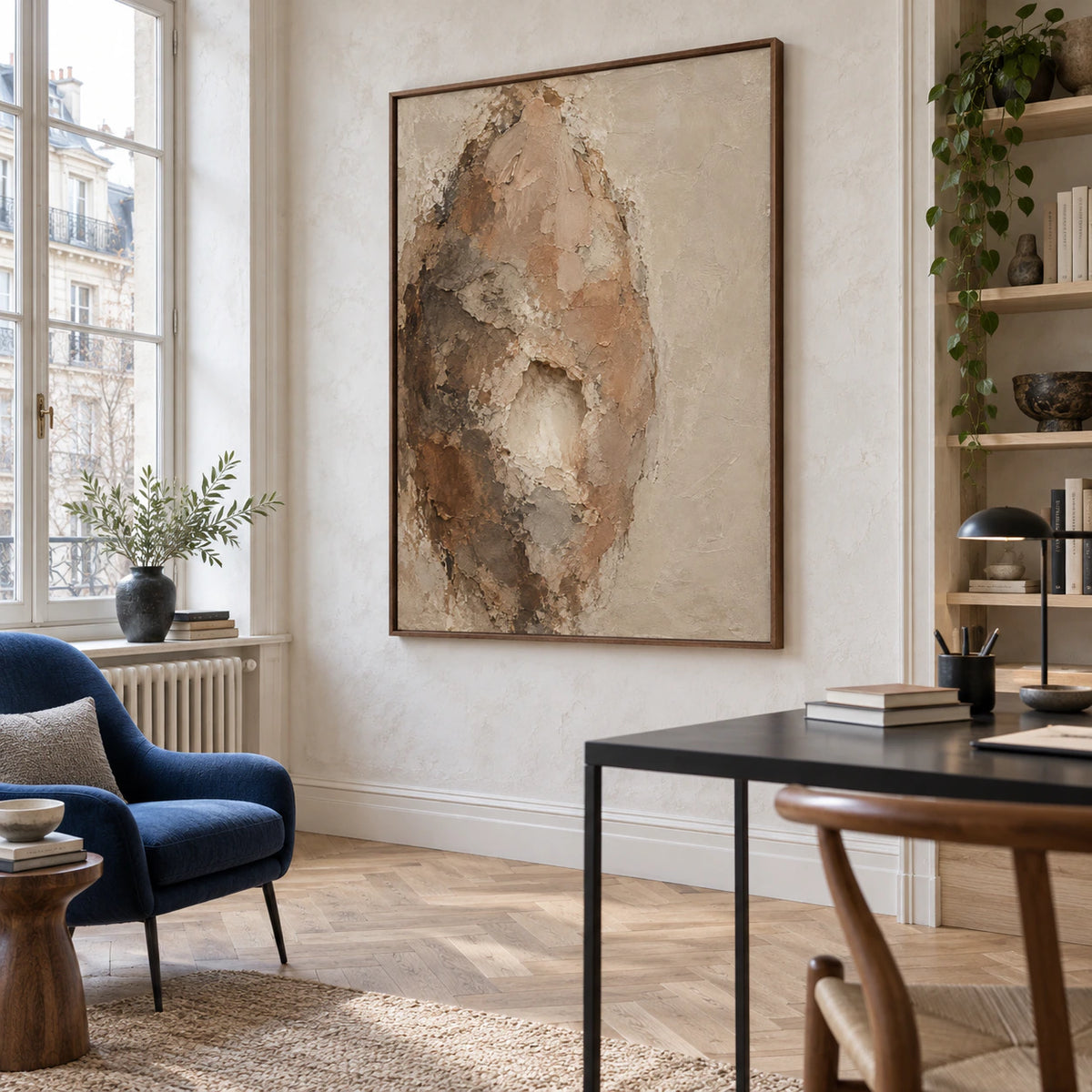 Airy reading office with the vertical textured abstract painting as the primary visual focus.
