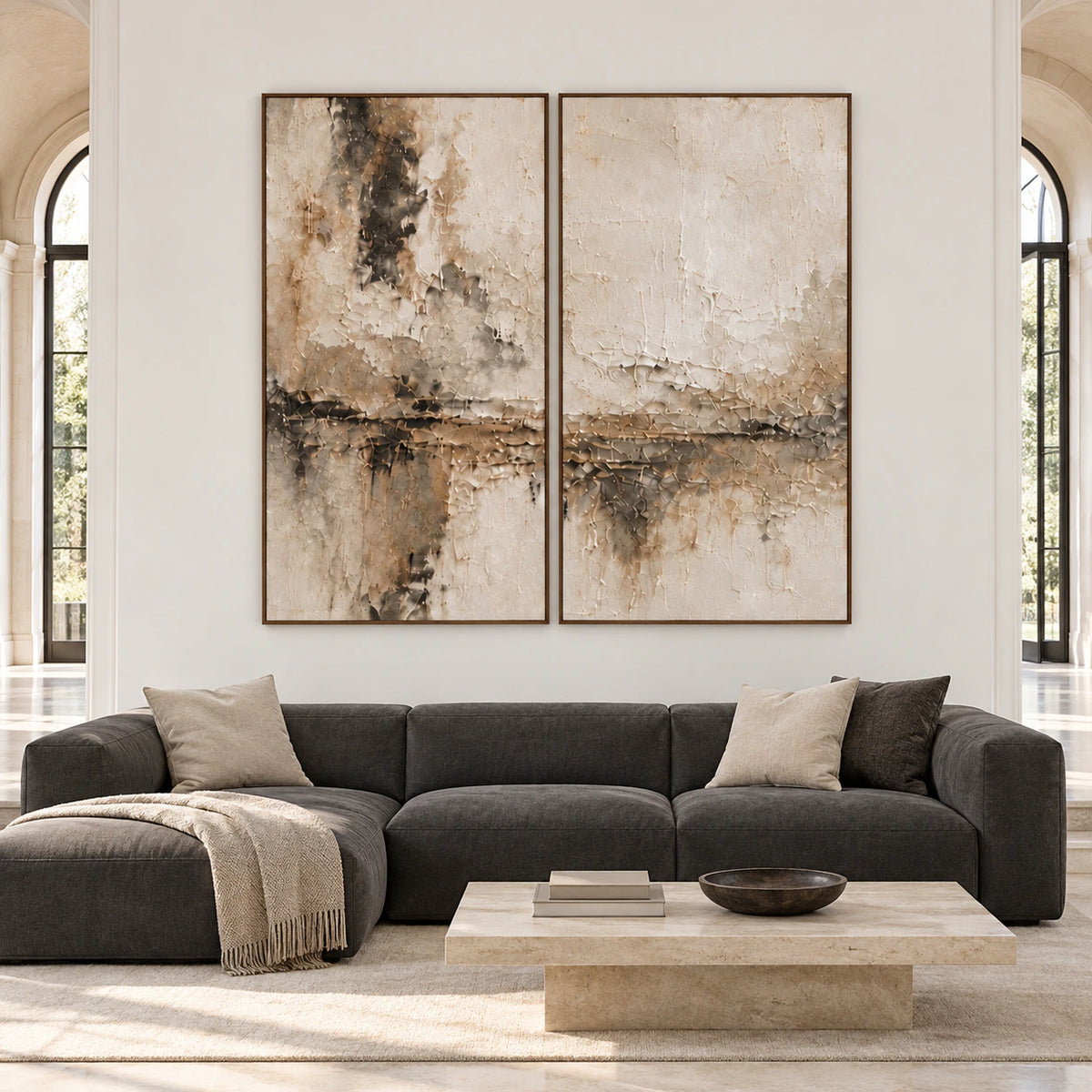 Umber-Interlude custom abstract diptych with left 1L and right 1R, each 36 by 72 inches in walnut frames, gallery lounge