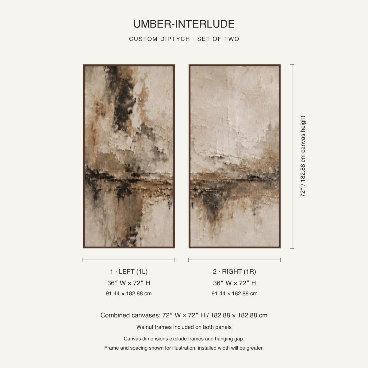 Umber-Interlude size diagram: left 1L and right 1R, each canvas 36 inches wide by 72 inches high, walnut frames
