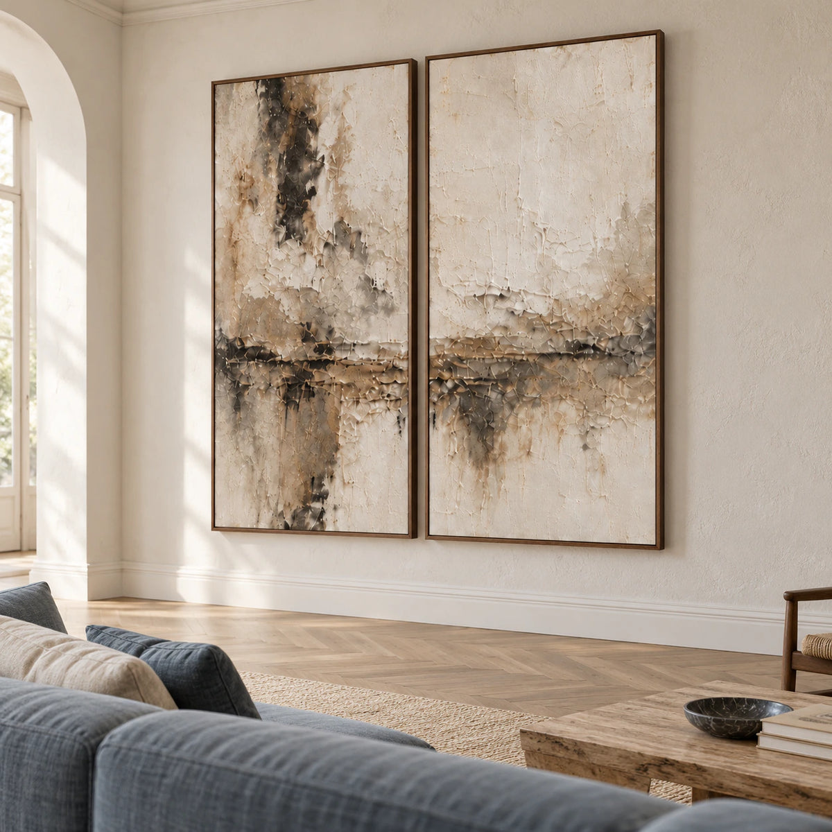 Umber-Interlude custom abstract diptych with left 1L and right 1R, each 36 by 72 inches in walnut frames, living room