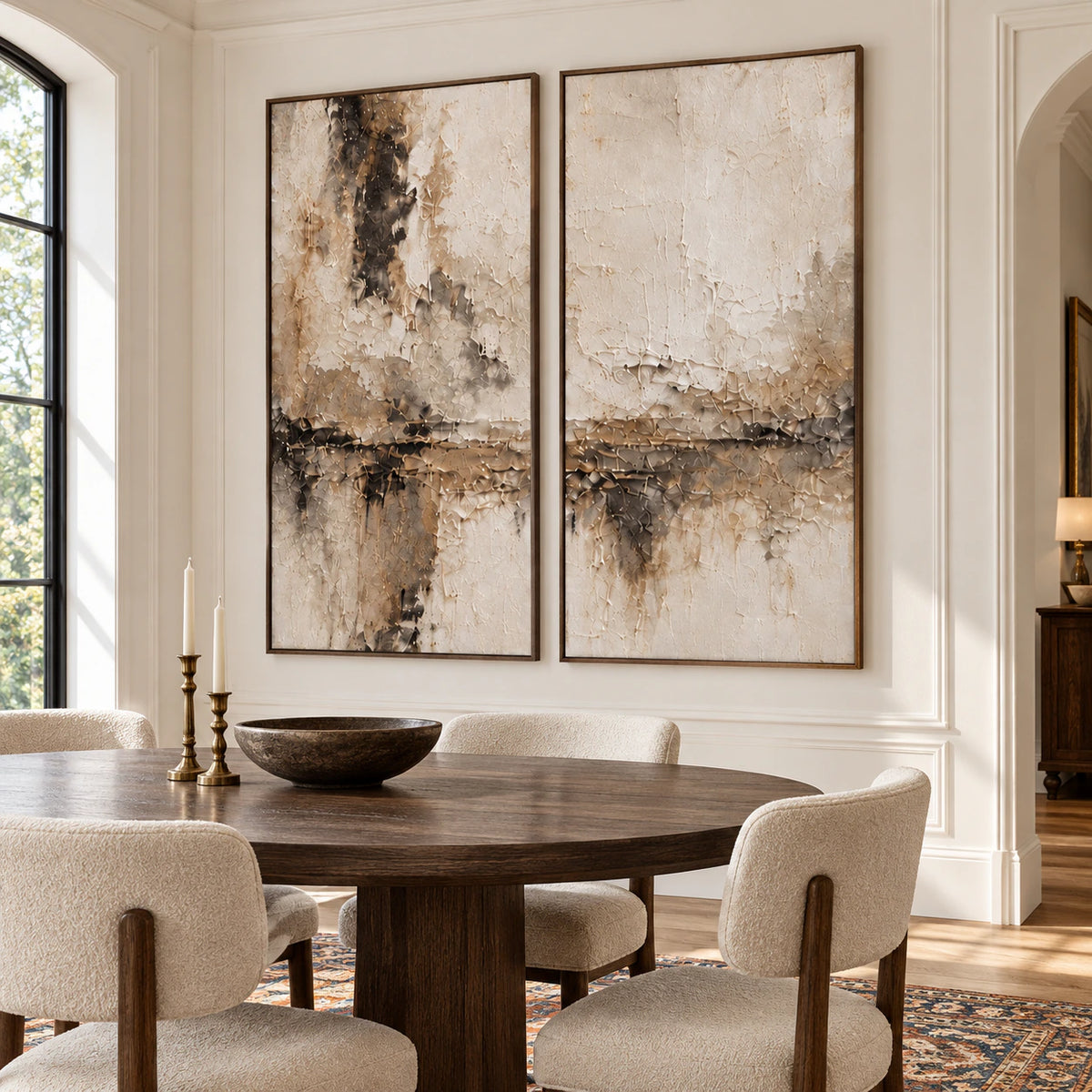 Umber-Interlude custom abstract diptych with left 1L and right 1R, each 36 by 72 inches in walnut frames, dining room