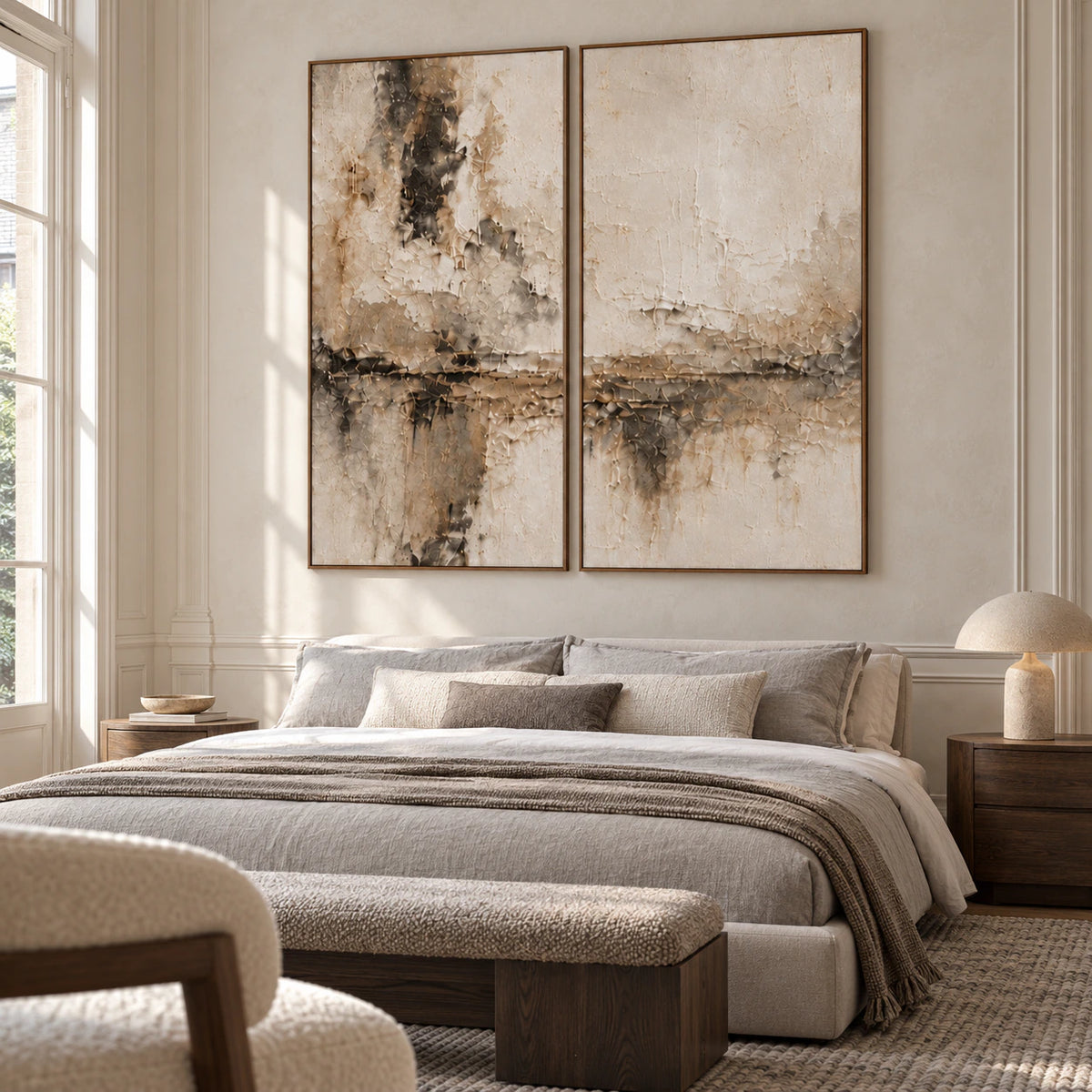 Umber-Interlude custom abstract diptych with left 1L and right 1R, each 36 by 72 inches in walnut frames, bedroom