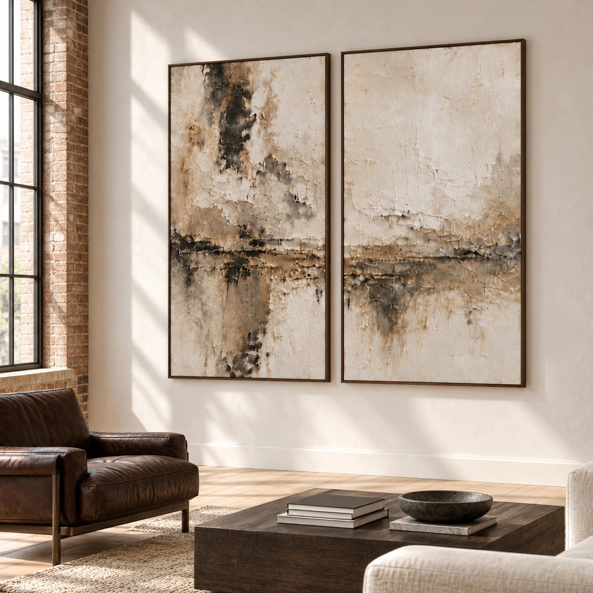 Umber-Interlude custom abstract diptych with left 1L and right 1R, each 36 by 72 inches in walnut frames, reading room