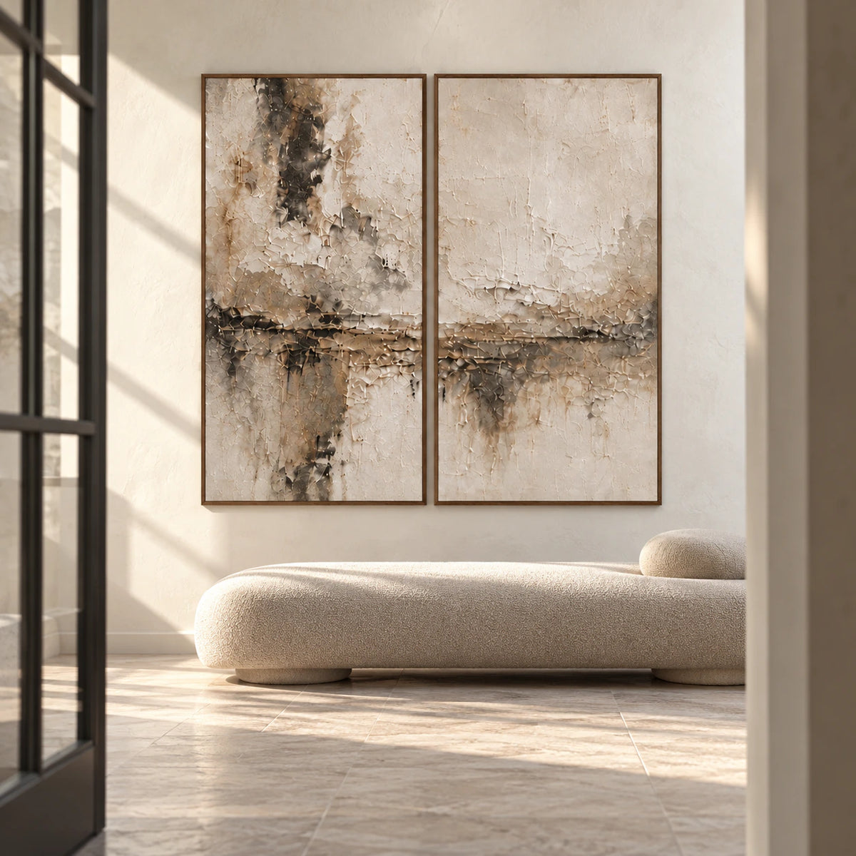 Umber-Interlude custom abstract diptych with left 1L and right 1R, each 36 by 72 inches in walnut frames, gallery foyer