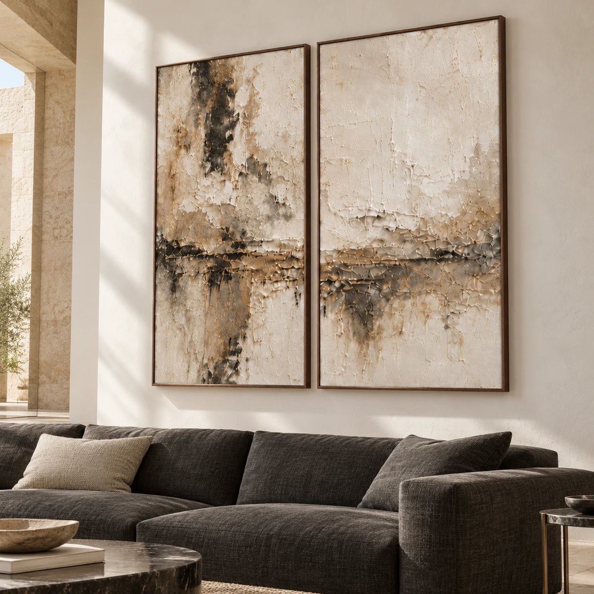 Umber-Interlude custom abstract diptych with left 1L and right 1R, each 36 by 72 inches in walnut frames, loft