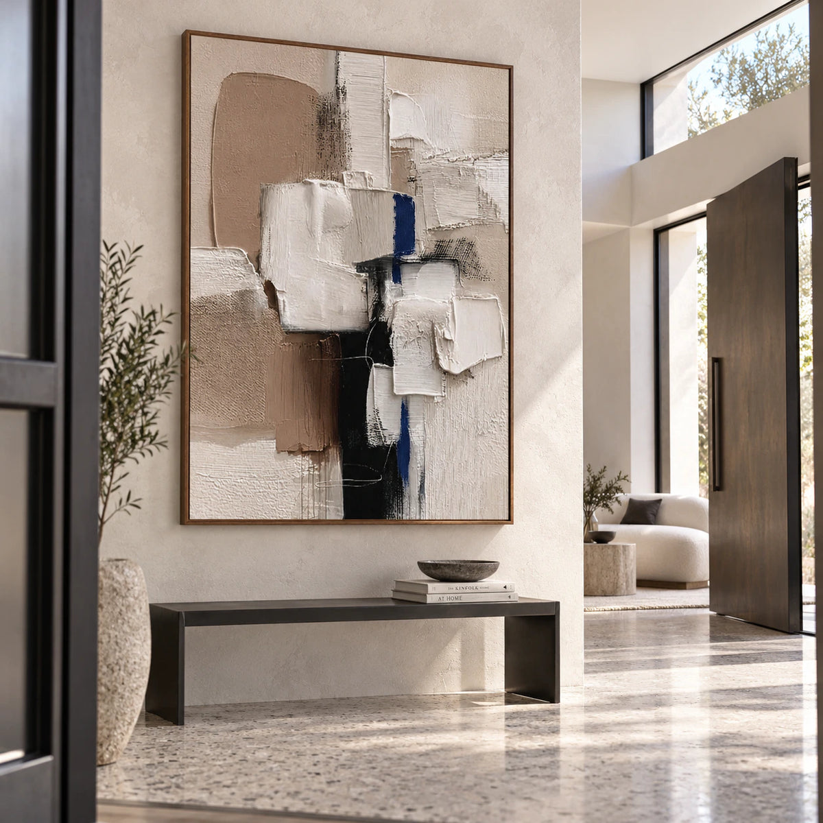 Large vertical textured abstract painting in a gallery-scale foyer.